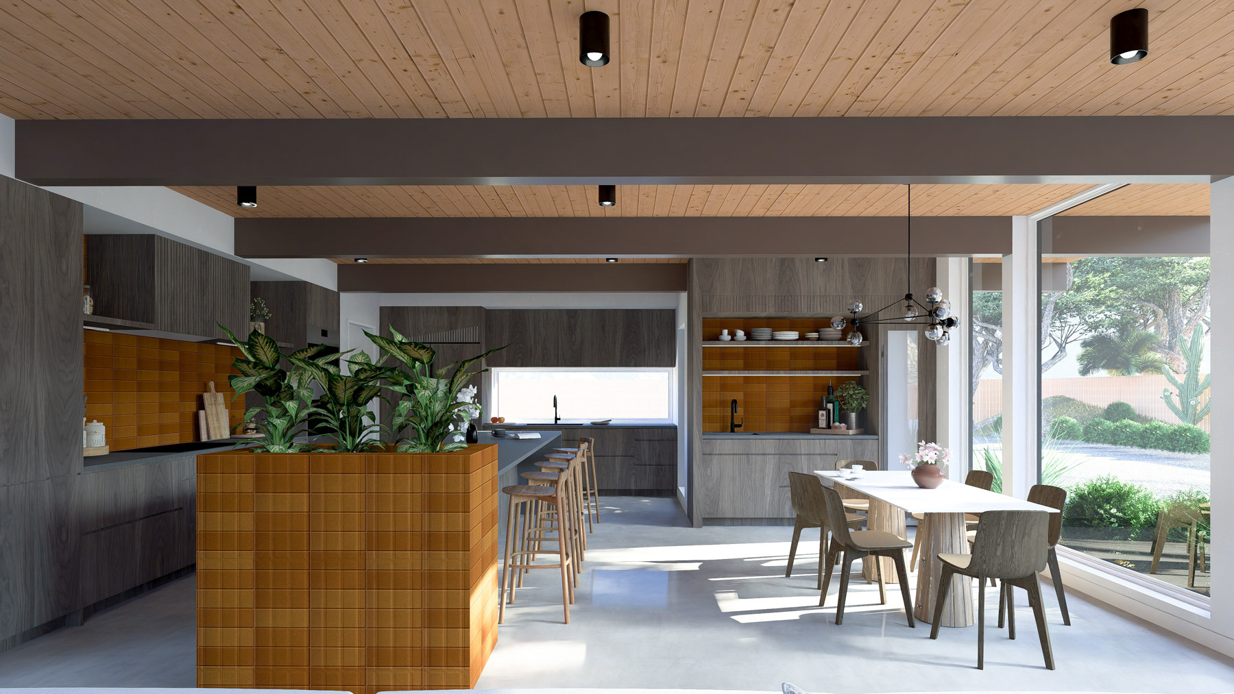 Warm mid-century modern kitchen with open sightlines and natural light