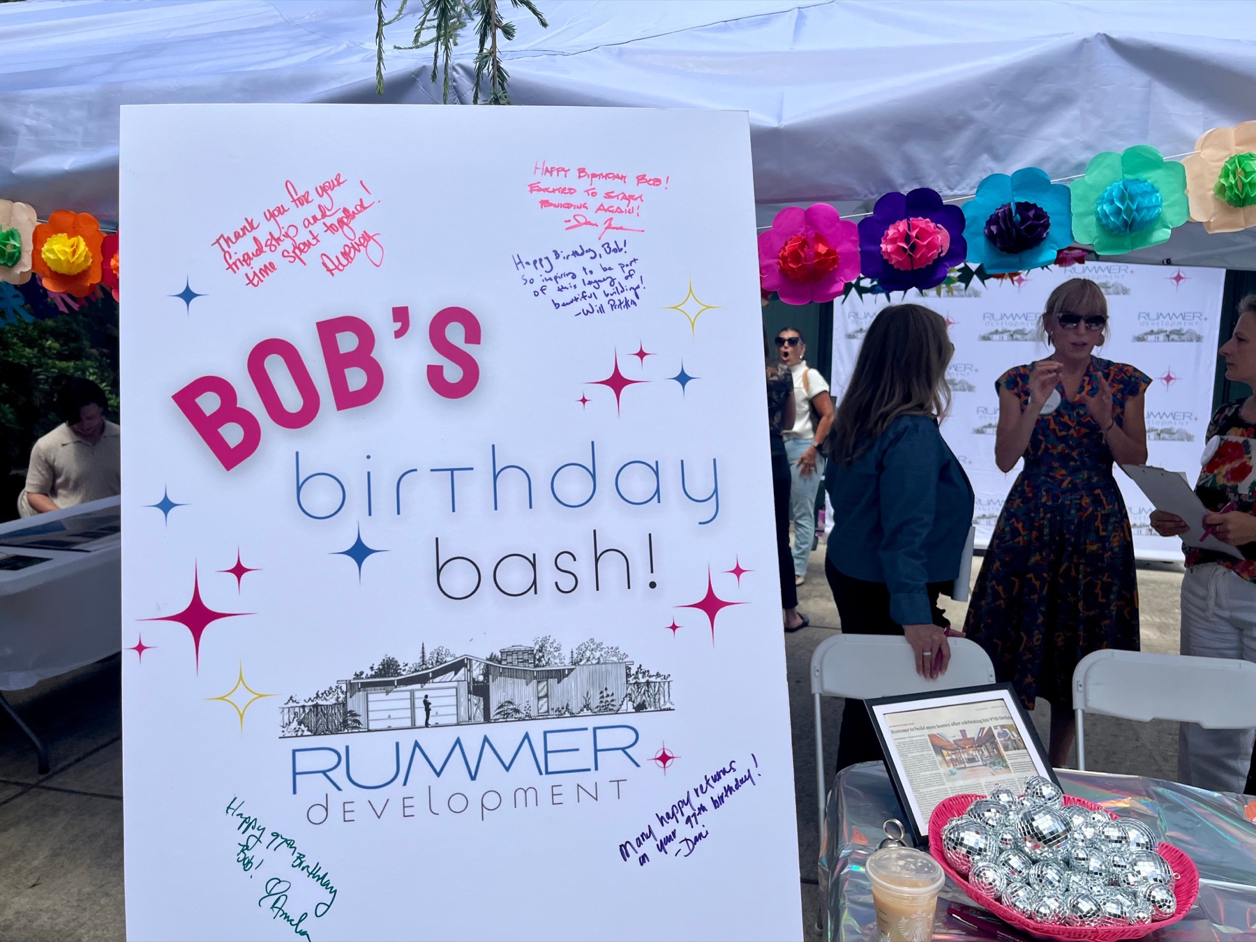 Bob's Birthday Bash sign at the Rummer Development gathering marking Robert Rummer's 97th birthday